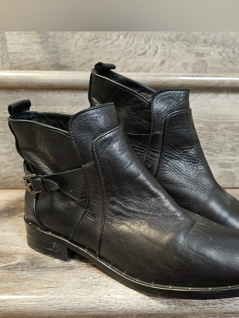 FRĒDA SALVADOR Black Leather Cutout Ankle Boots Buckle Moto Booties Spain Sz 8